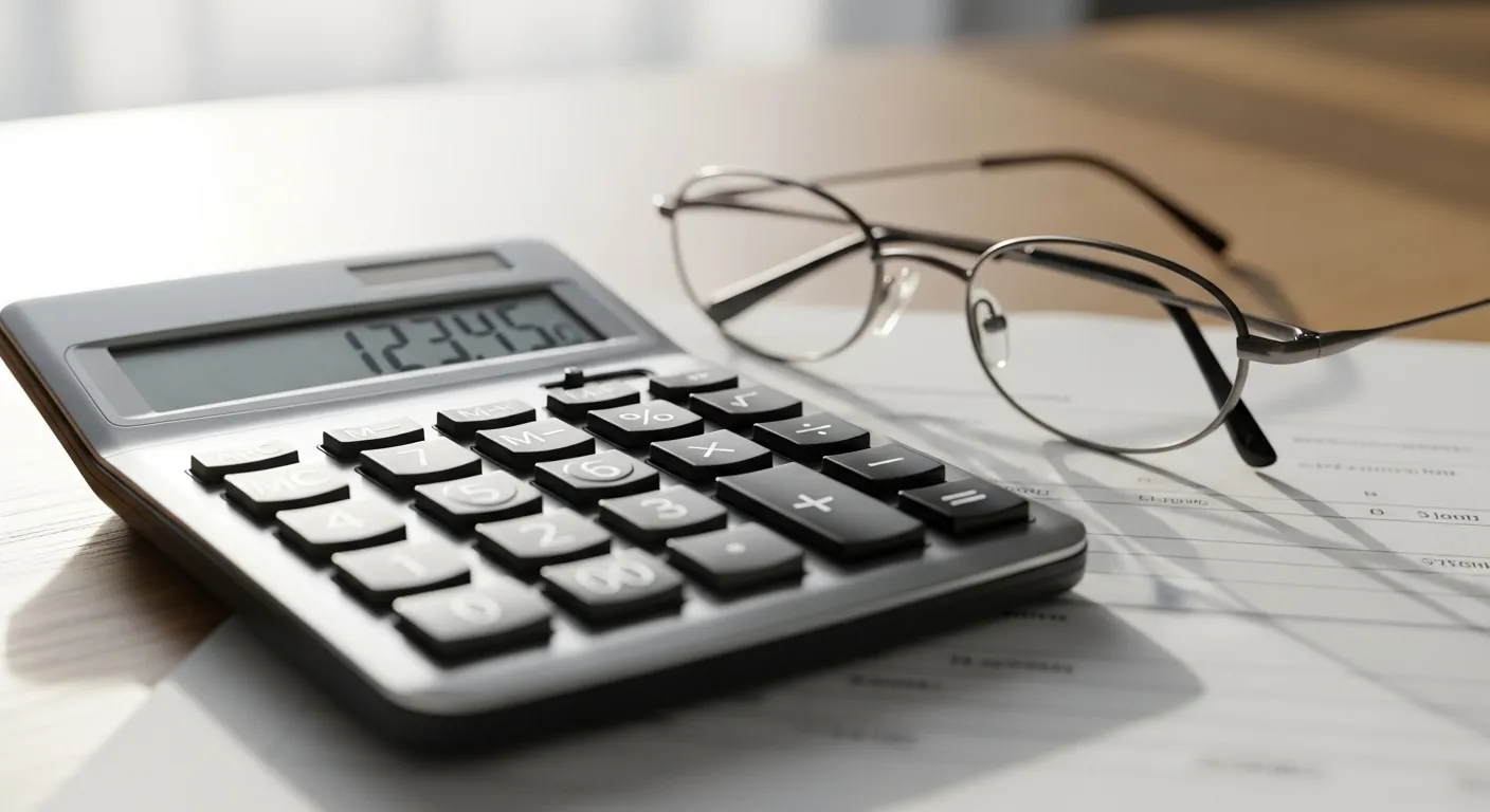 A close-up of a calculator and reading glasses on a blurred financial document, suggesting the review of retirement finances.