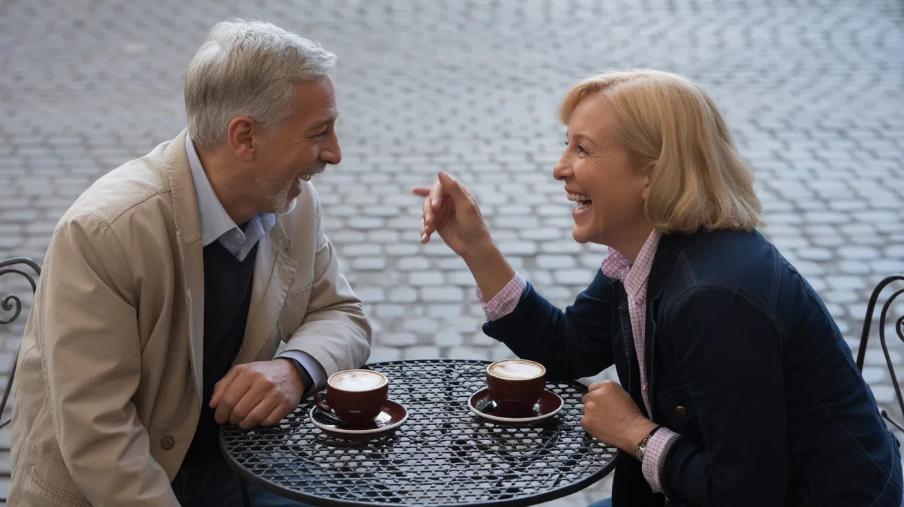 A senior man and woman laugh together while sitting at an outdoor cafe table with coffee, under overcast lighting.