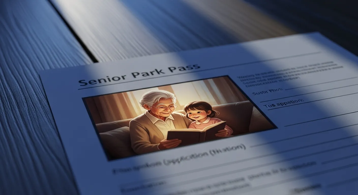 Close-up of a generic senior park pass application form at dusk, with an illustration of a family reading together in the photo box.