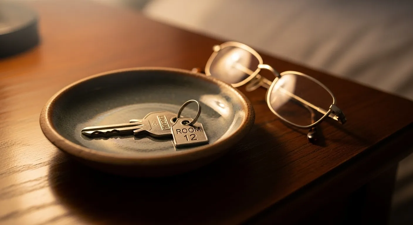 A close-up of a simple room key and reading glasses on a nightstand, warmly lit by a lamp, suggesting a peaceful evening during travel.