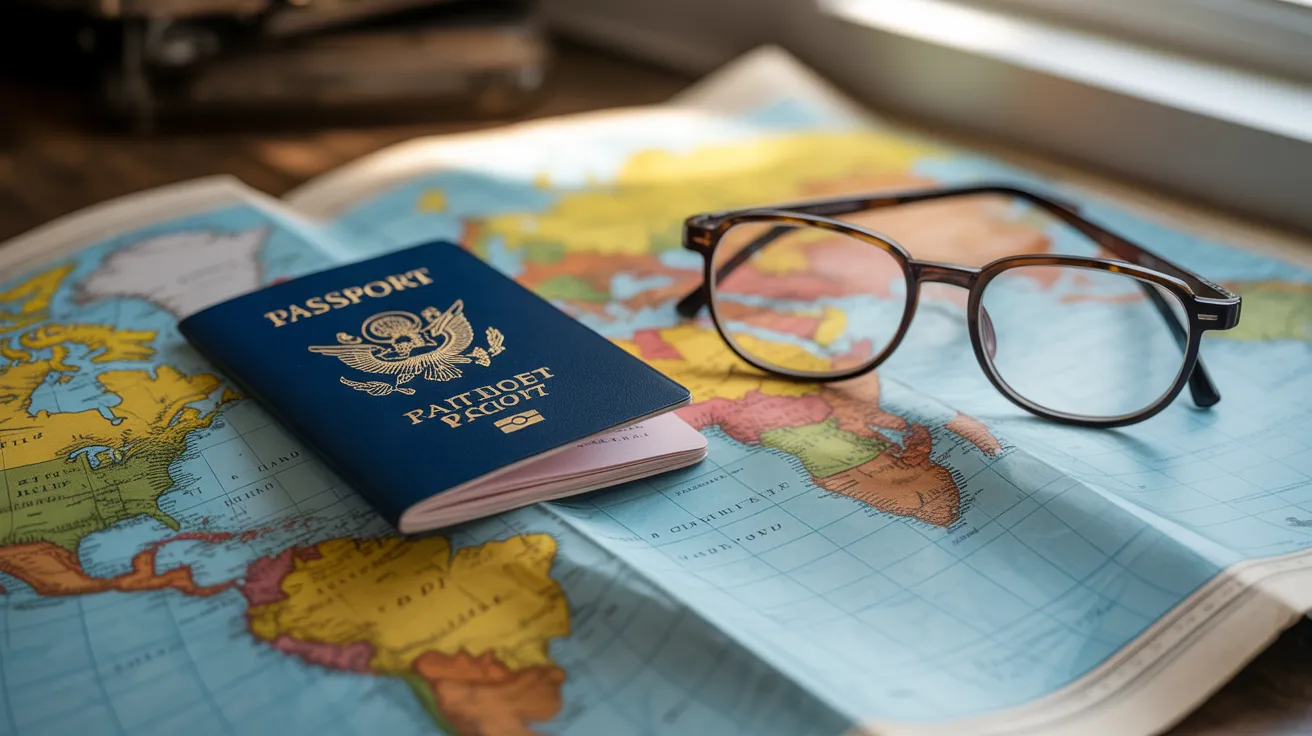 Close-up of a passport and reading glasses on a vintage world map, symbolizing planning a trip to an ancestral homeland.