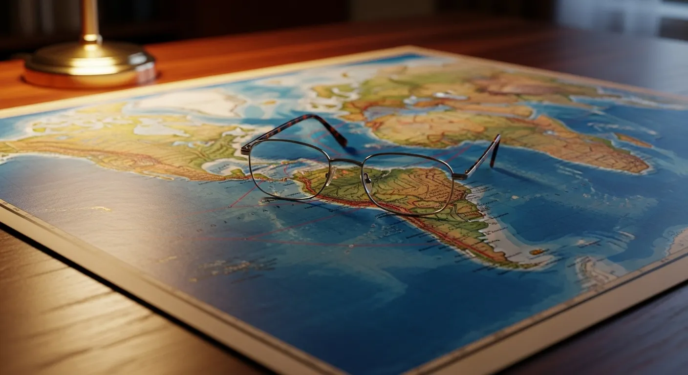 A close-up of a pair of reading glasses lying on a colorful world map, illuminated by the warm glow of a lamp.