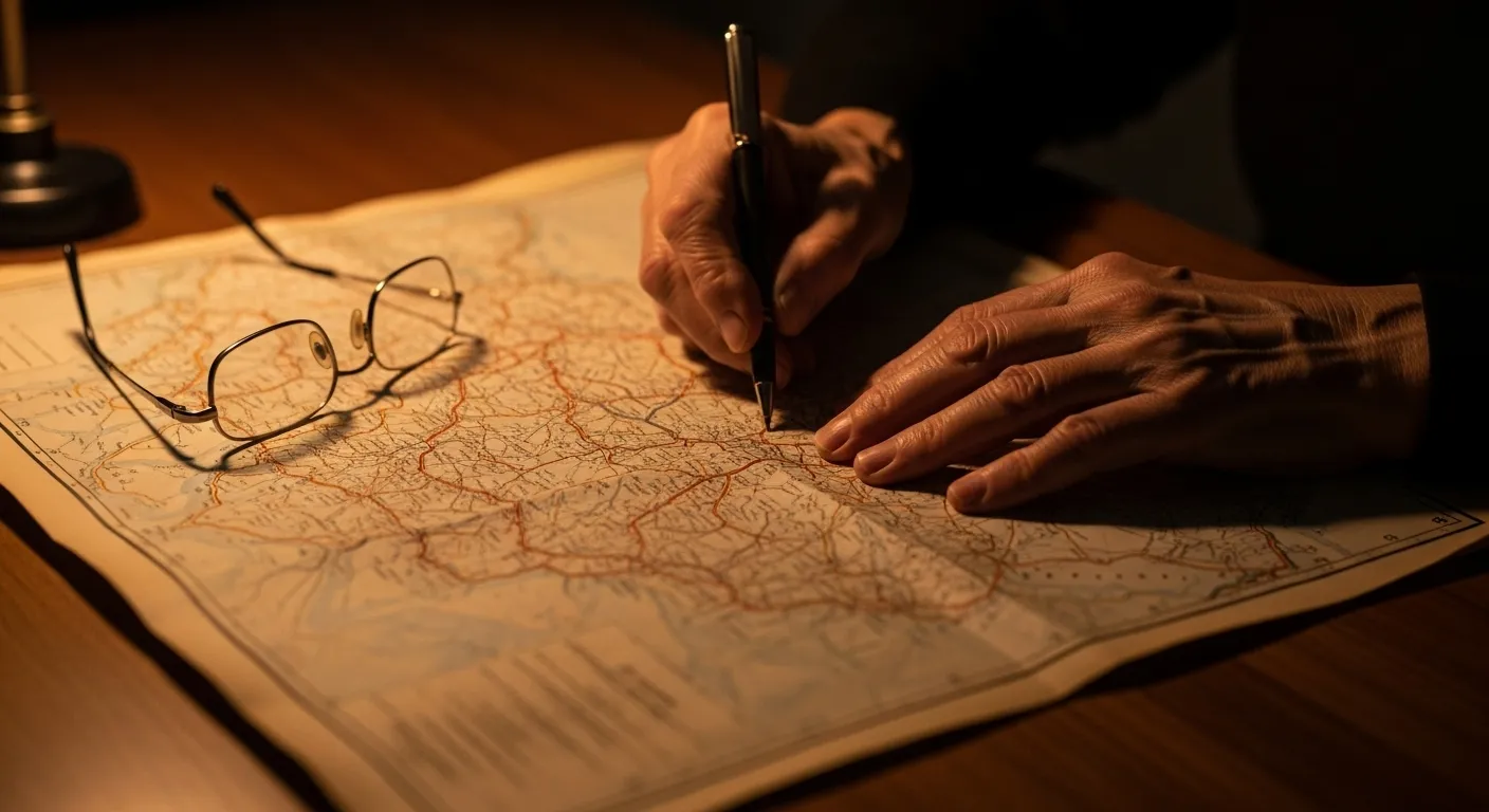 A close-up of an older person's hands tracing a line on a paper map in the warm light of a desk lamp. Reading glasses are on the table.