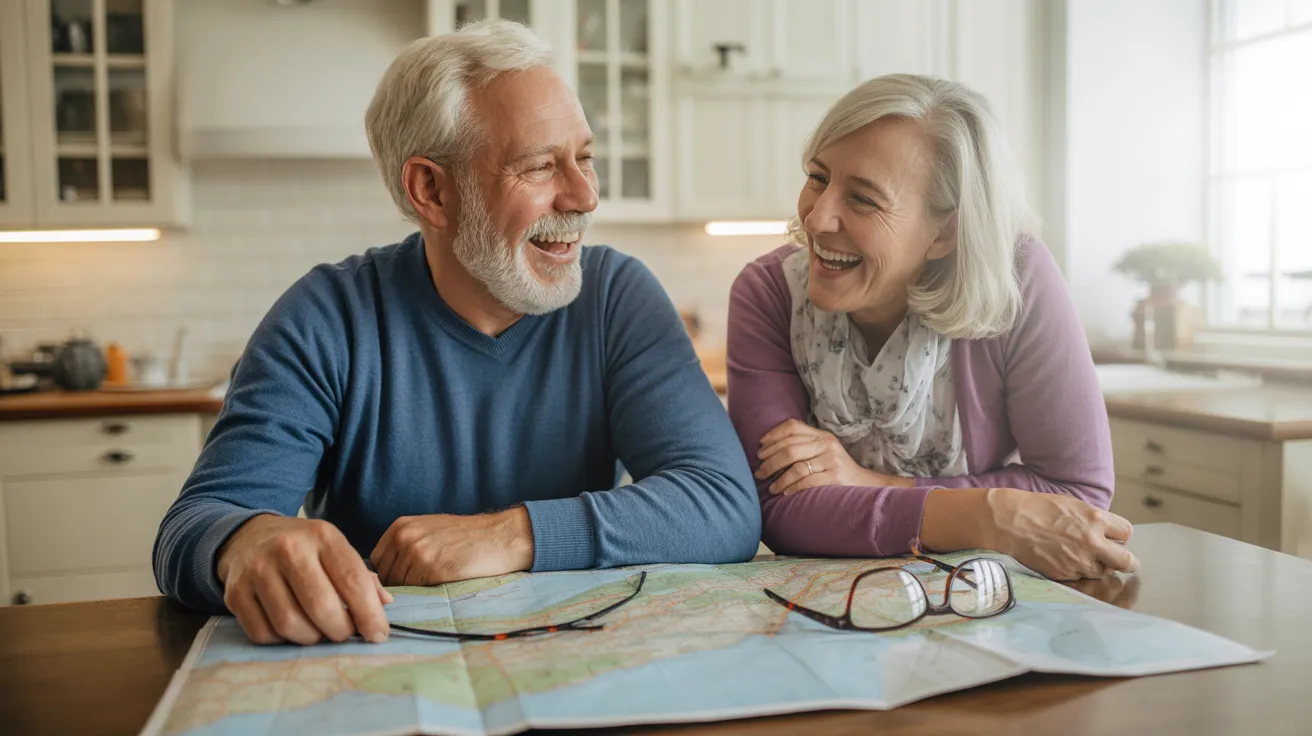 A senior couple shares a laugh while looking at a large road atlas on their kitchen table. A pair of reading glasses sits on the map.