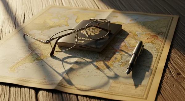 A passport, reading glasses, and a pen laid out on a vintage map, suggesting travel planning.