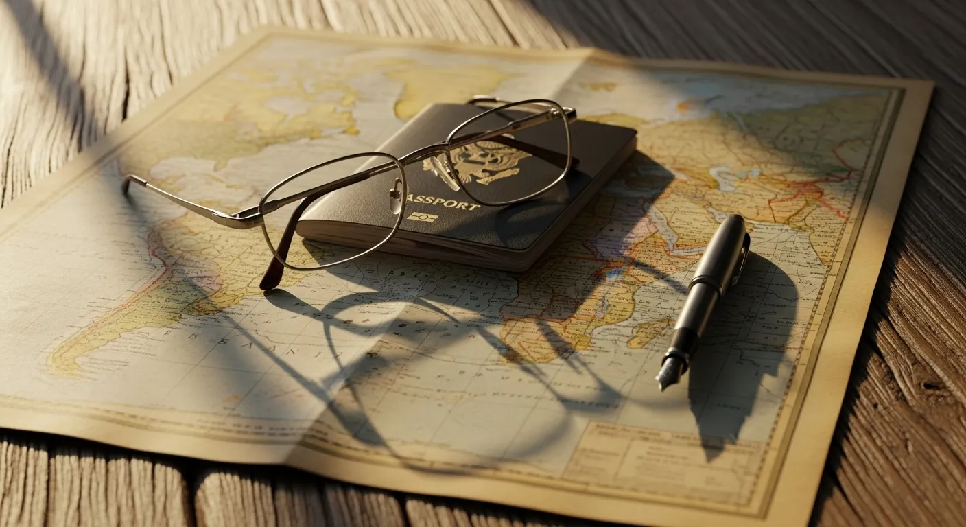 A passport, reading glasses, and a pen laid out on a vintage map, suggesting travel planning.