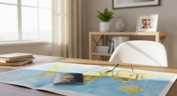 A sunlit home office desk set for travel planning, with a framed photo of a smiling senior on a shelf in the background.