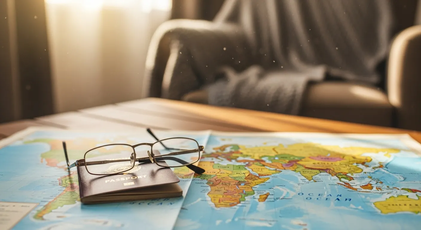 A passport and reading glasses on a world map on a coffee table, with a sunlit armchair in the background, suggesting travel planning.