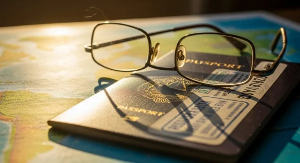 A close-up of a passport and reading glasses on a colorful world map, suggesting senior travel planning.