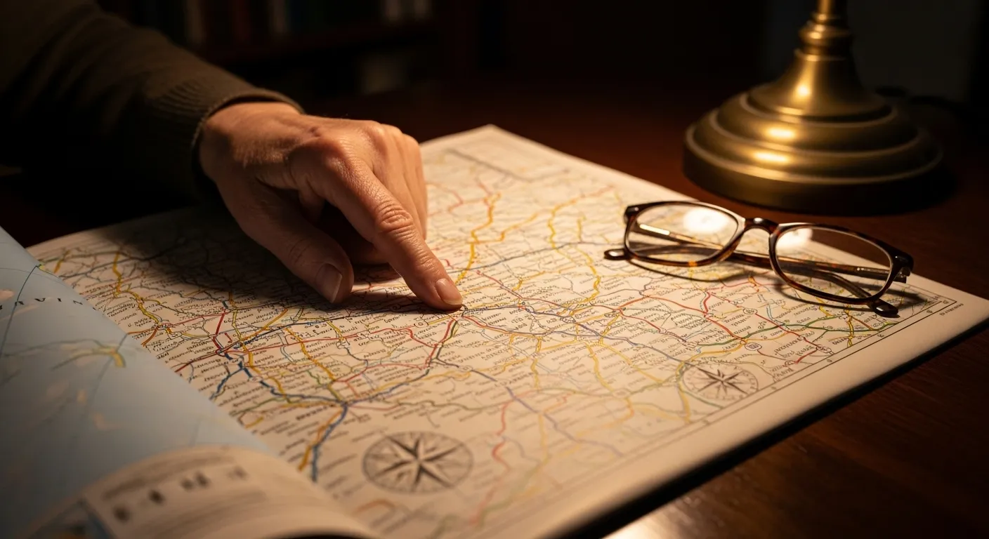Close-up on a person's hand pointing to a location on a road map next to a pair of reading glasses, lit by a warm desk lamp.