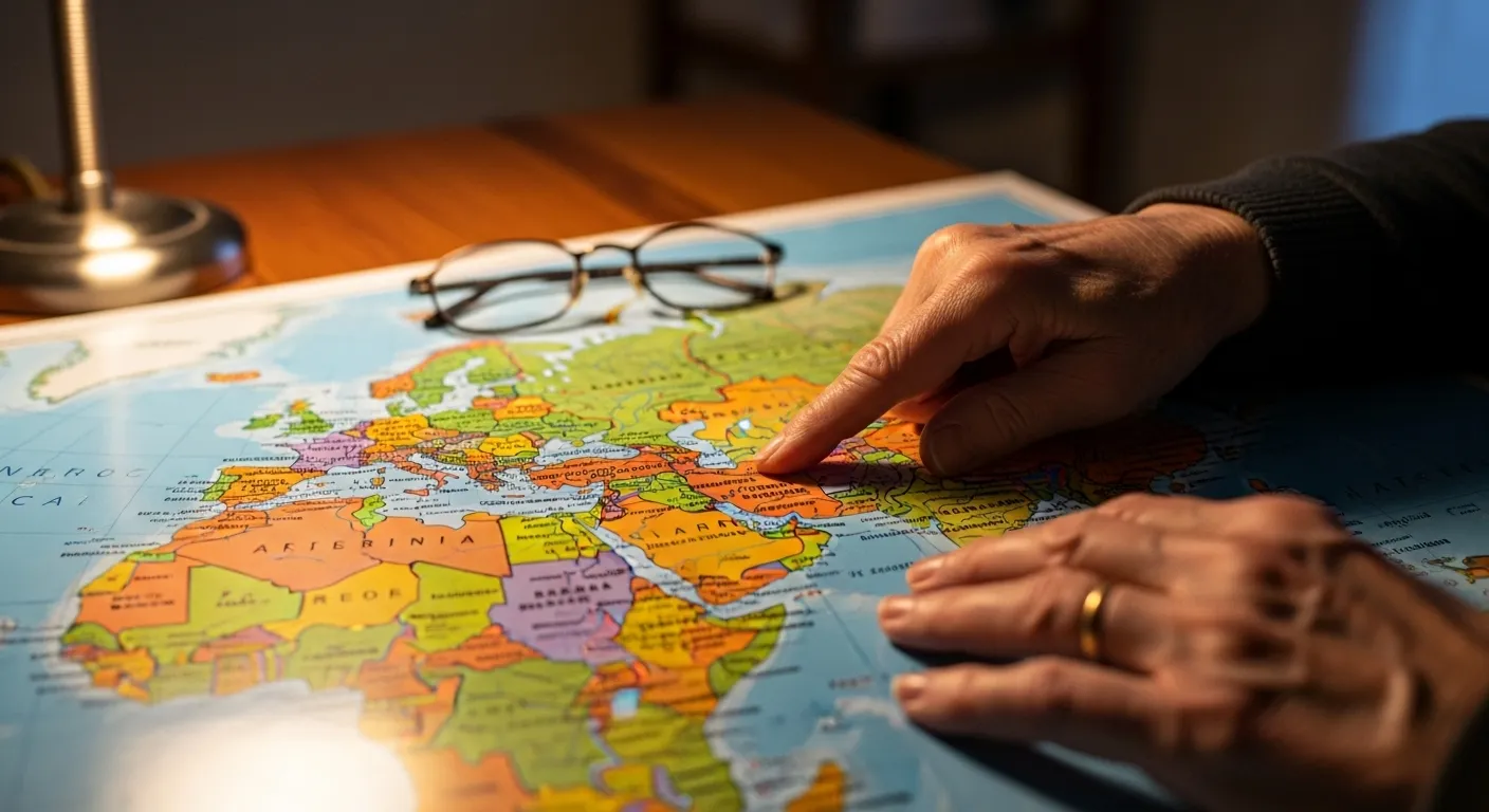A close-up of a senior's hands pointing to a location on a travel map, with reading glasses beside them under warm lamplight.