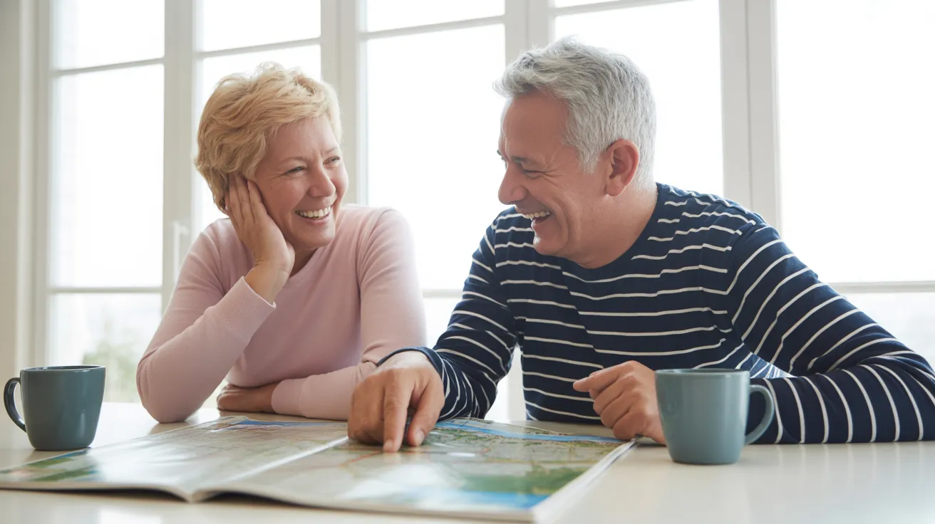 A senior man and woman sit at a kitchen table, smiling and looking at a large map together. One of them is pointing at the map.