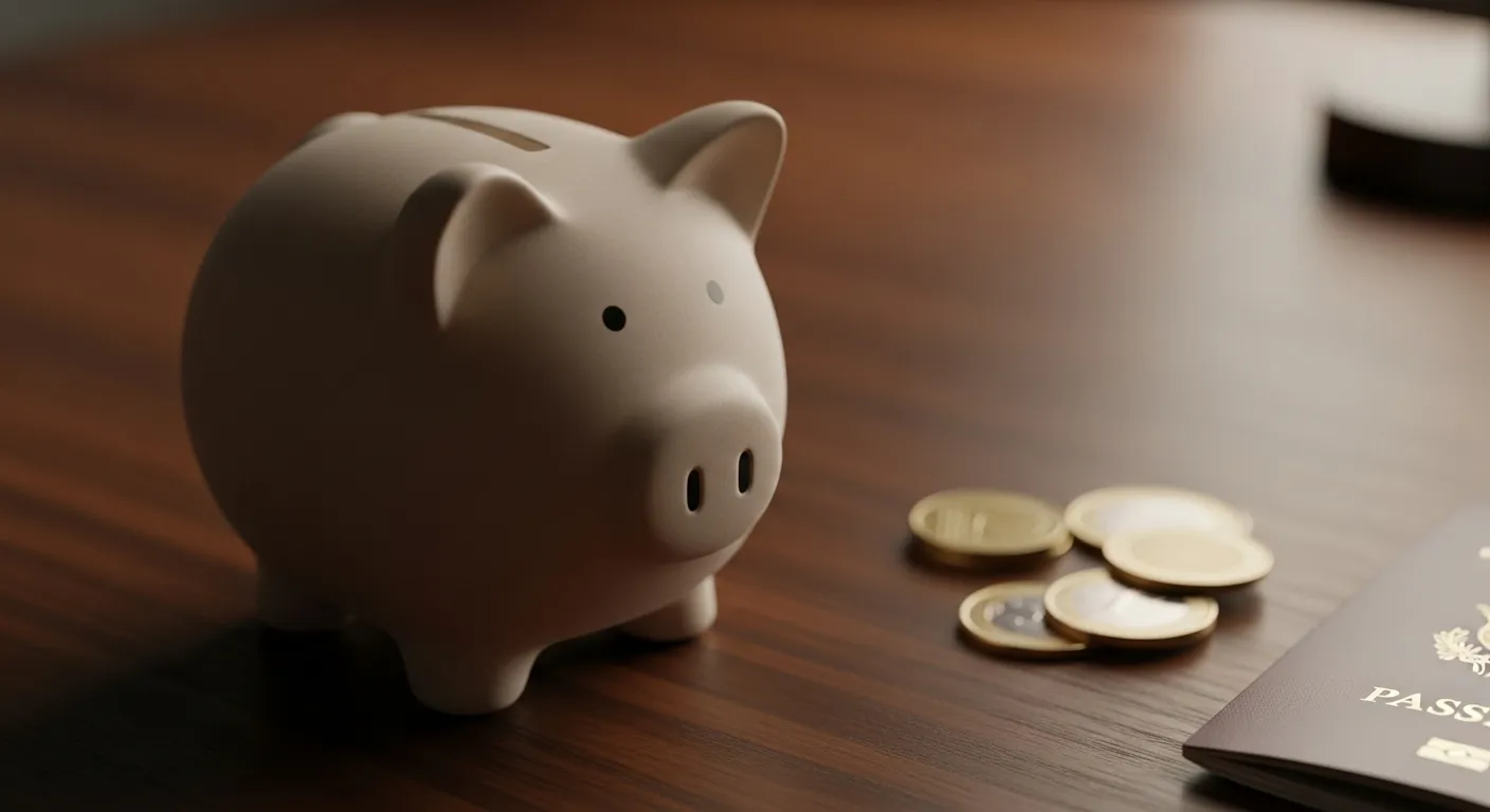 A detail shot of a piggy bank next to some foreign coins and a passport, lit by a warm evening lamp.