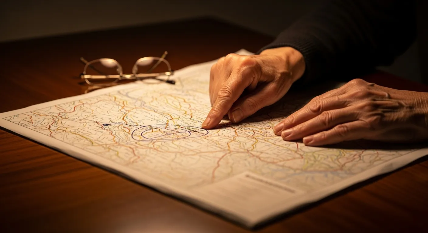 A close-up of a senior's hands and reading glasses on a map, warmly lit by an evening lamp, suggesting travel planning.