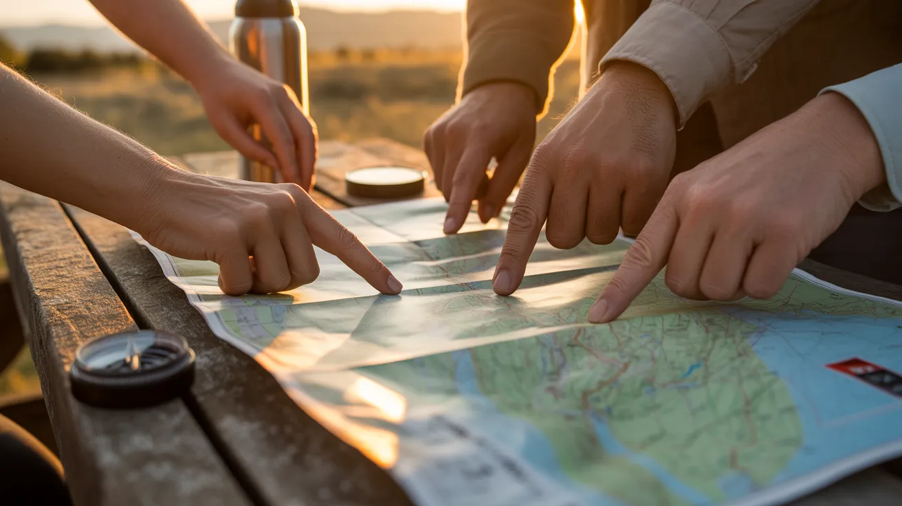 A close-up of a trail map on a wooden table, with several older hands pointing to a route during a warm sunset.