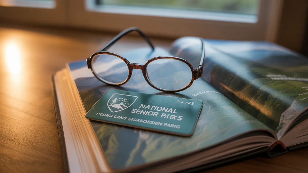 A national parks senior pass and reading glasses lie on a map of a mountainous area, suggesting planning for a road trip.