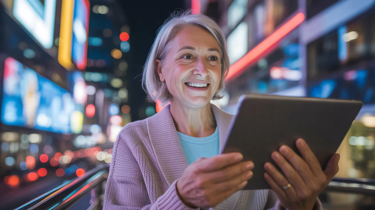 From a low angle, a senior woman on a city balcony at night smiles while on a video call, her face lit by the screen and colorful neon lights.