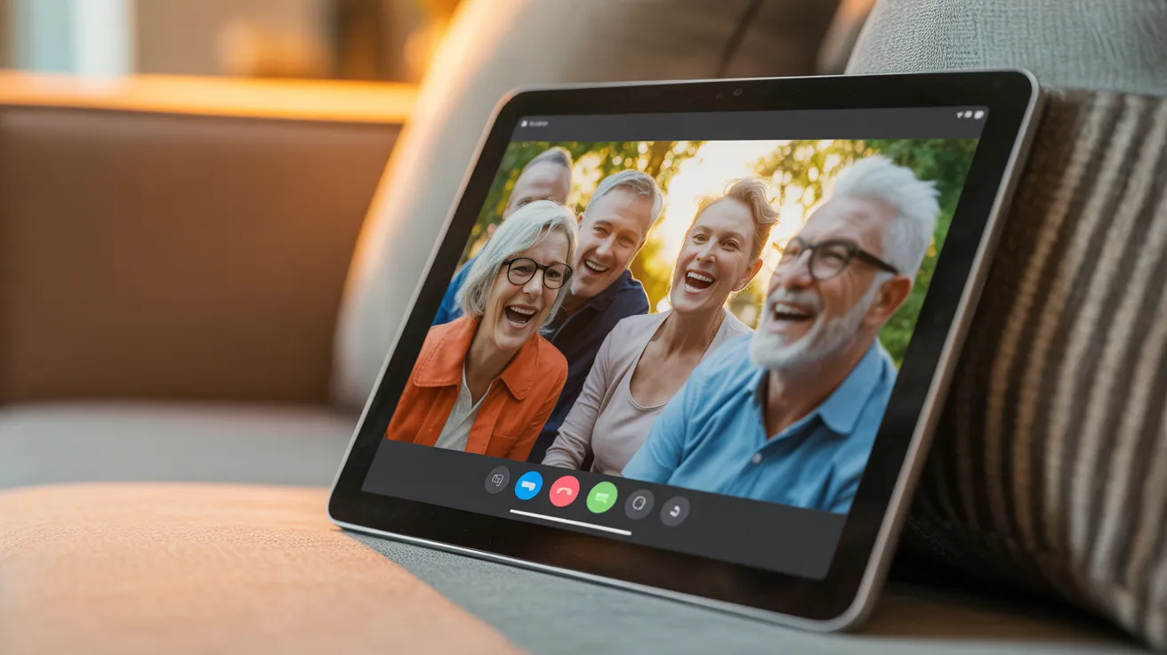 A tablet on a sofa shows a group of smiling seniors on a video call from a park at sunset.