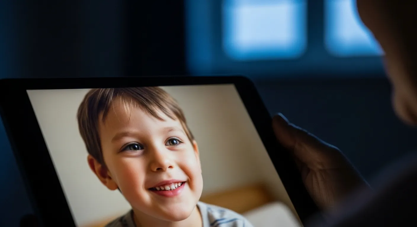 A close-up of a tablet screen showing a grandchild's face during a video call at dusk.