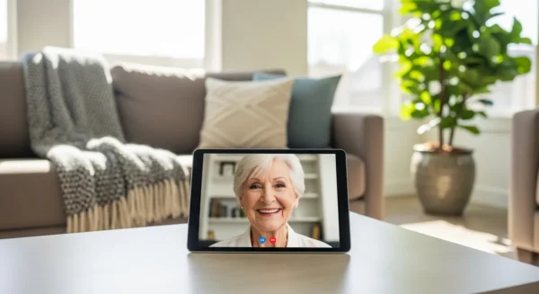 A tablet on a coffee table in a bright living room shows a video call with a smiling senior woman.