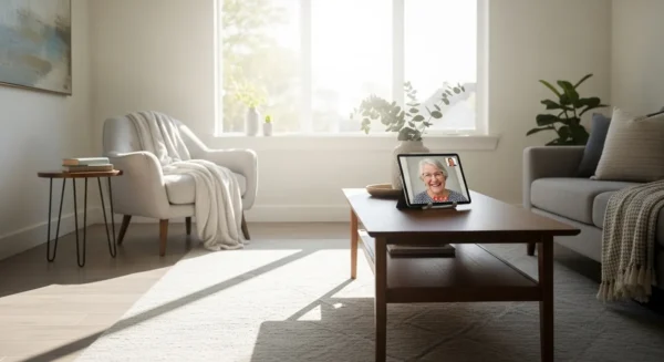 A wide view of a modern living room where a tablet on a coffee table shows a video call with a happy senior.