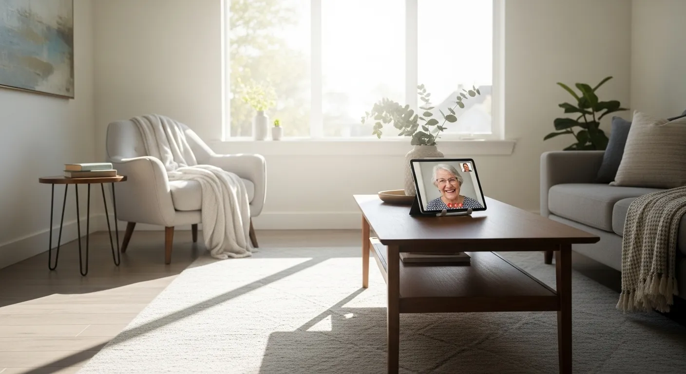 A wide view of a modern living room where a tablet on a coffee table shows a video call with a happy senior.