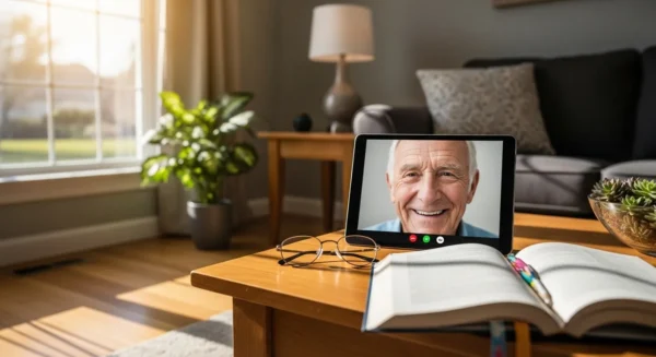 A tablet on a coffee table in a bright living room, displaying a video call with a happy senior. A book and glasses are beside it.