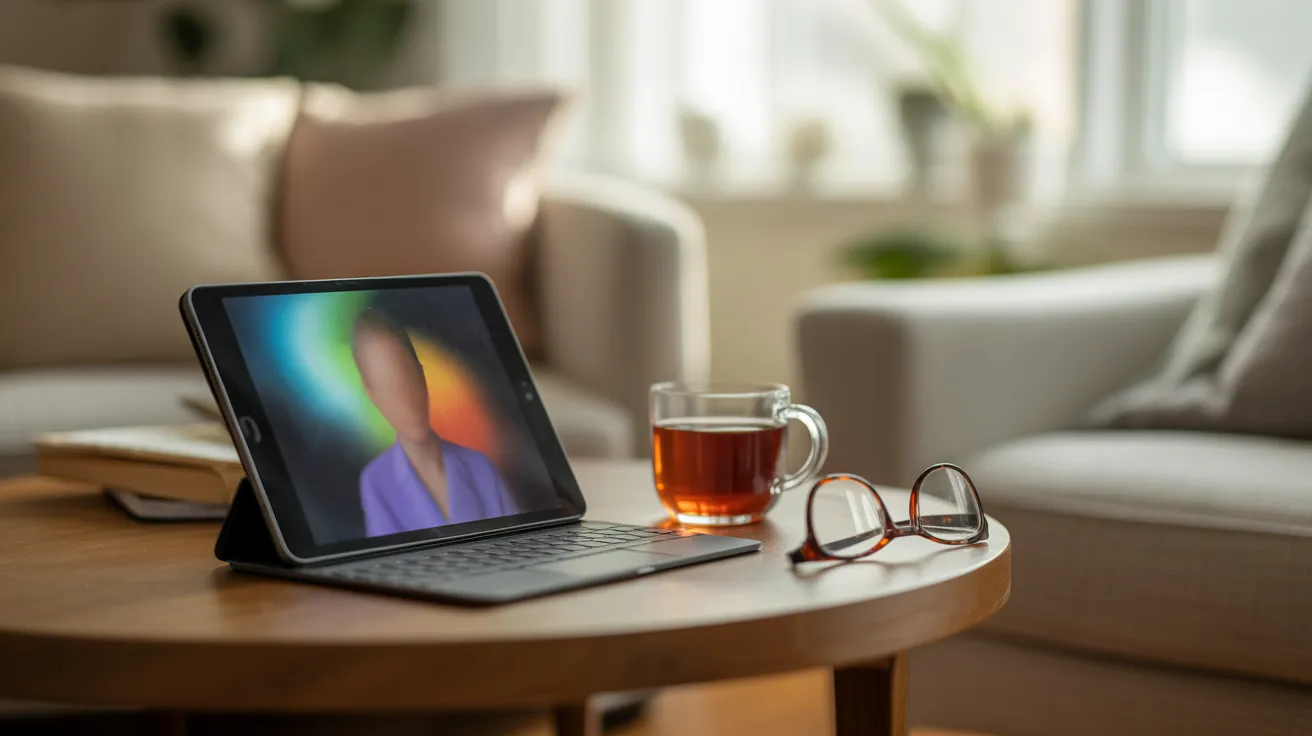 A tablet showing a blurred video call sits on a coffee table next to a mug and reading glasses in a comfortable living room.