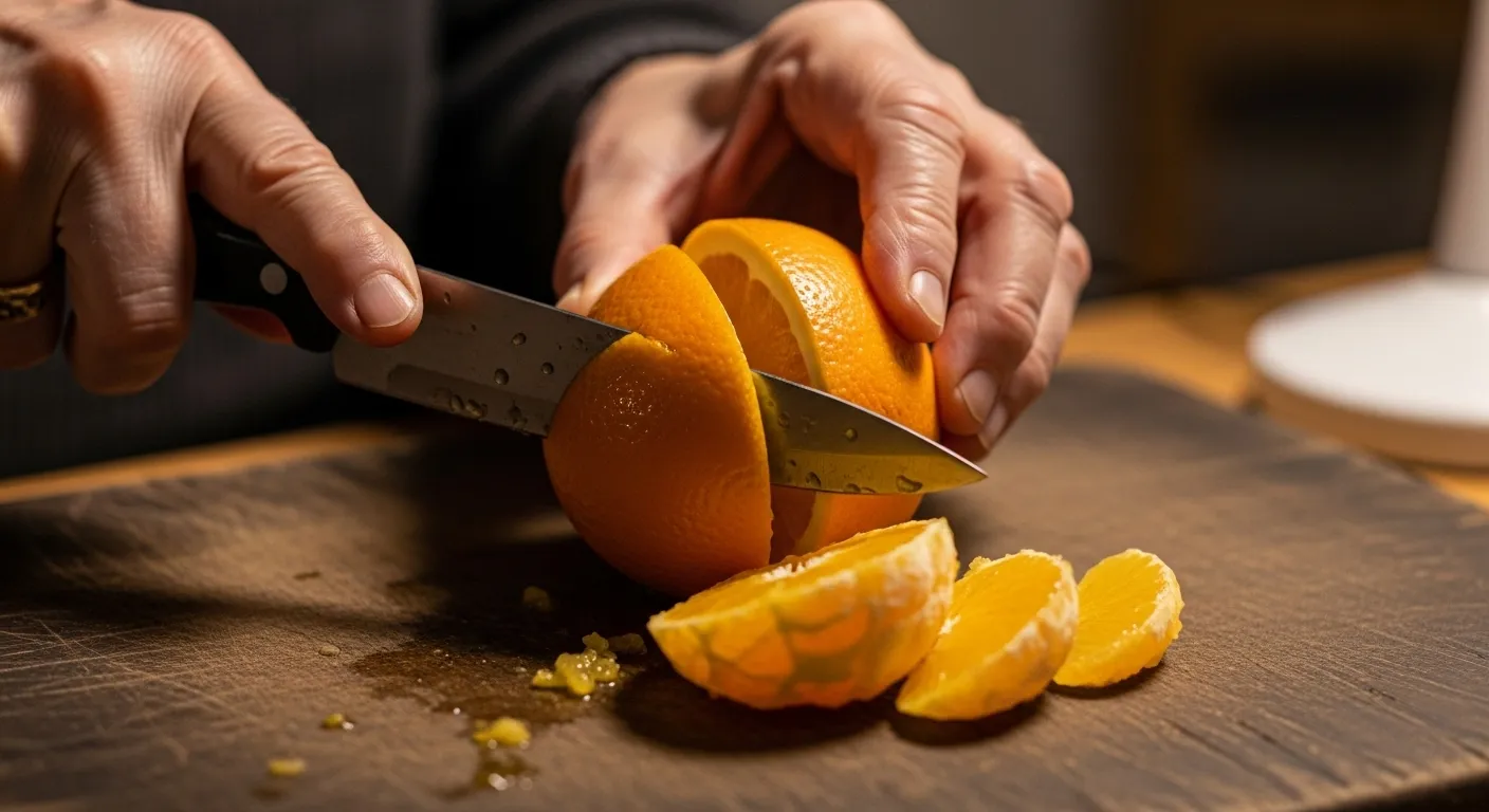 Close-up on a senior's hands slicing a fresh orange on a cutting board under the warm light of an evening lamp.