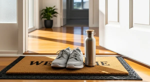 A pair of walking shoes and a water bottle sit on a doormat by a front door, bathed in bright morning light, ready for a daily walk.