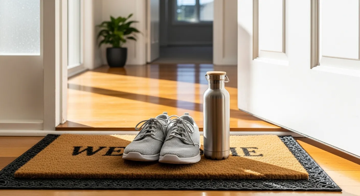 A pair of walking shoes and a water bottle sit on a doormat by a front door, bathed in bright morning light, ready for a daily walk.
