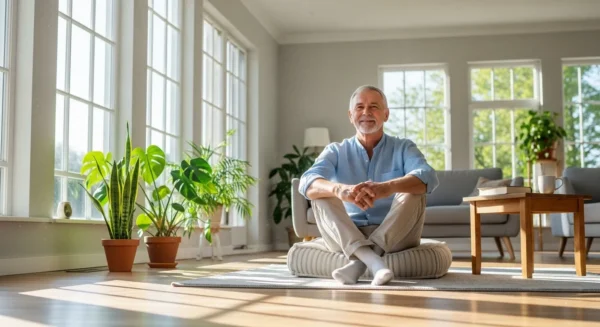 A smiling senior sits peacefully in a bright, sunlit room. The wide shot shows a calm and tidy living space with houseplants.