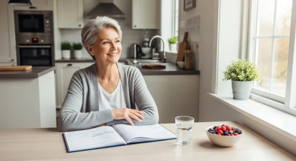 A wide view of a senior woman smiling peacefully at her kitchen table, with a wellness planner and a healthy snack in front of her.