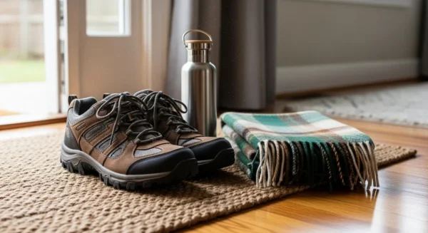 A pair of walking shoes, a water bottle, and a warm scarf on a doormat, ready for a winter walk.
