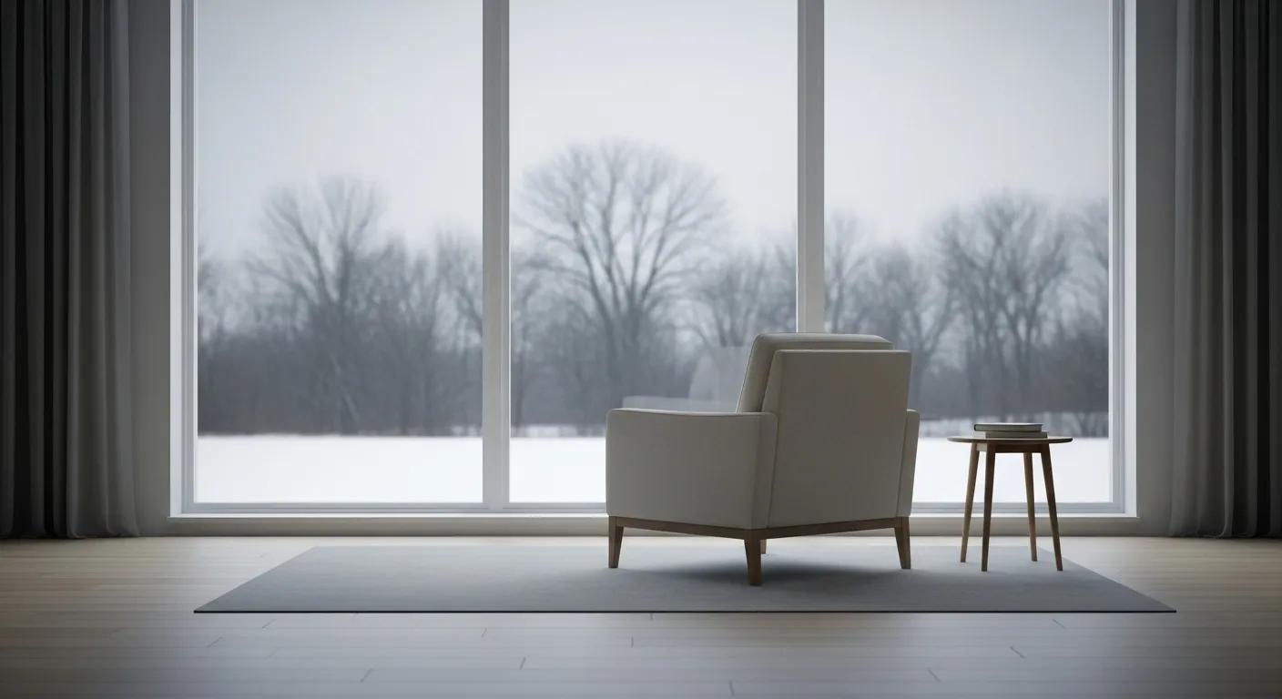 An empty armchair sits in a quiet living room, facing a window with a bleak and blurry winter view outside.