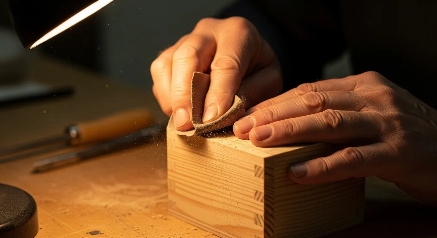 A close-up of an older person's hands using sandpaper to smooth a small wooden box under the warm light of a desk lamp.