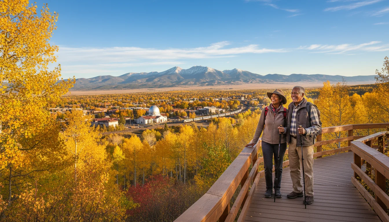 An active senior couple on a scenic Flagstaff hiking trail overlook. Partially snow-capped mountains rise behind golden autumn trees, with the univers