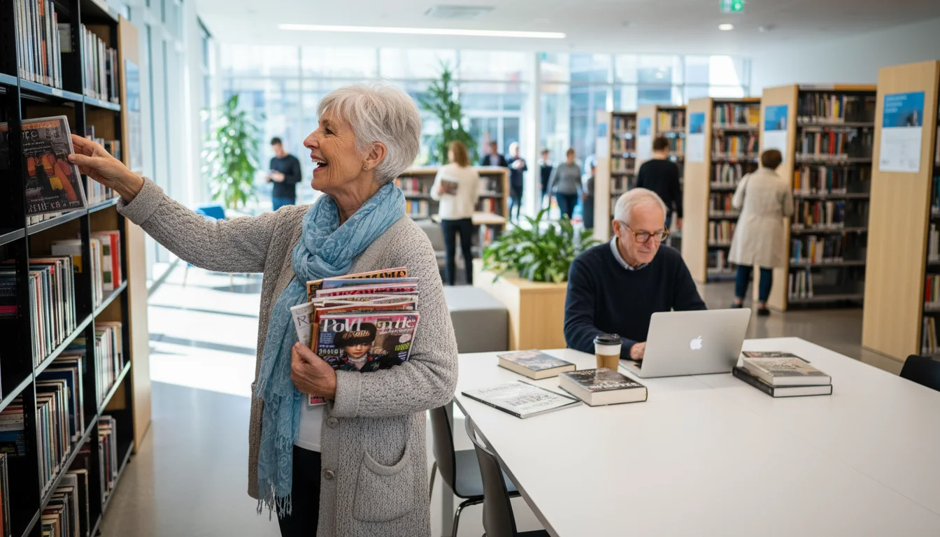 An active senior woman selecting a DVD at a bright library, while an older man uses a public computer nearby.