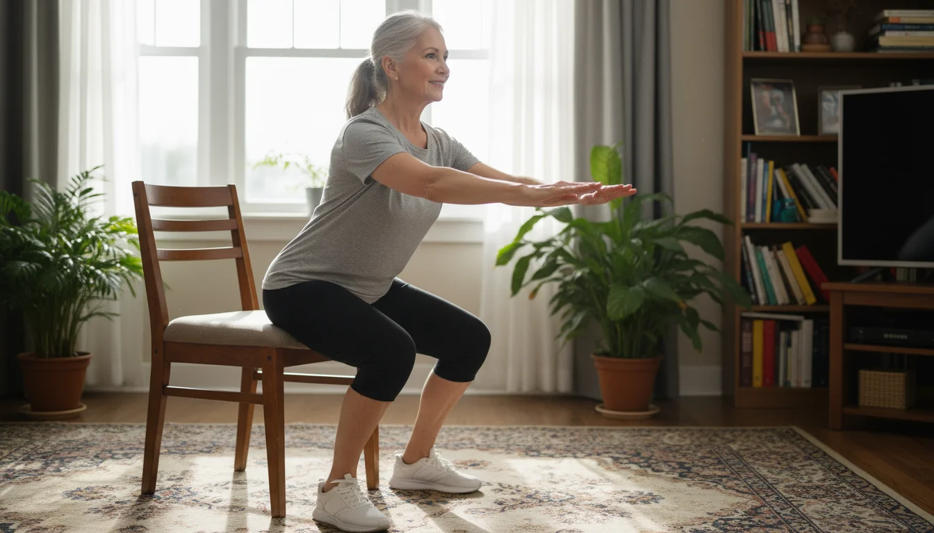 An active woman in her late 60s performs a chair squat exercise in a sunlit living room, lowering herself towards a wooden chair.