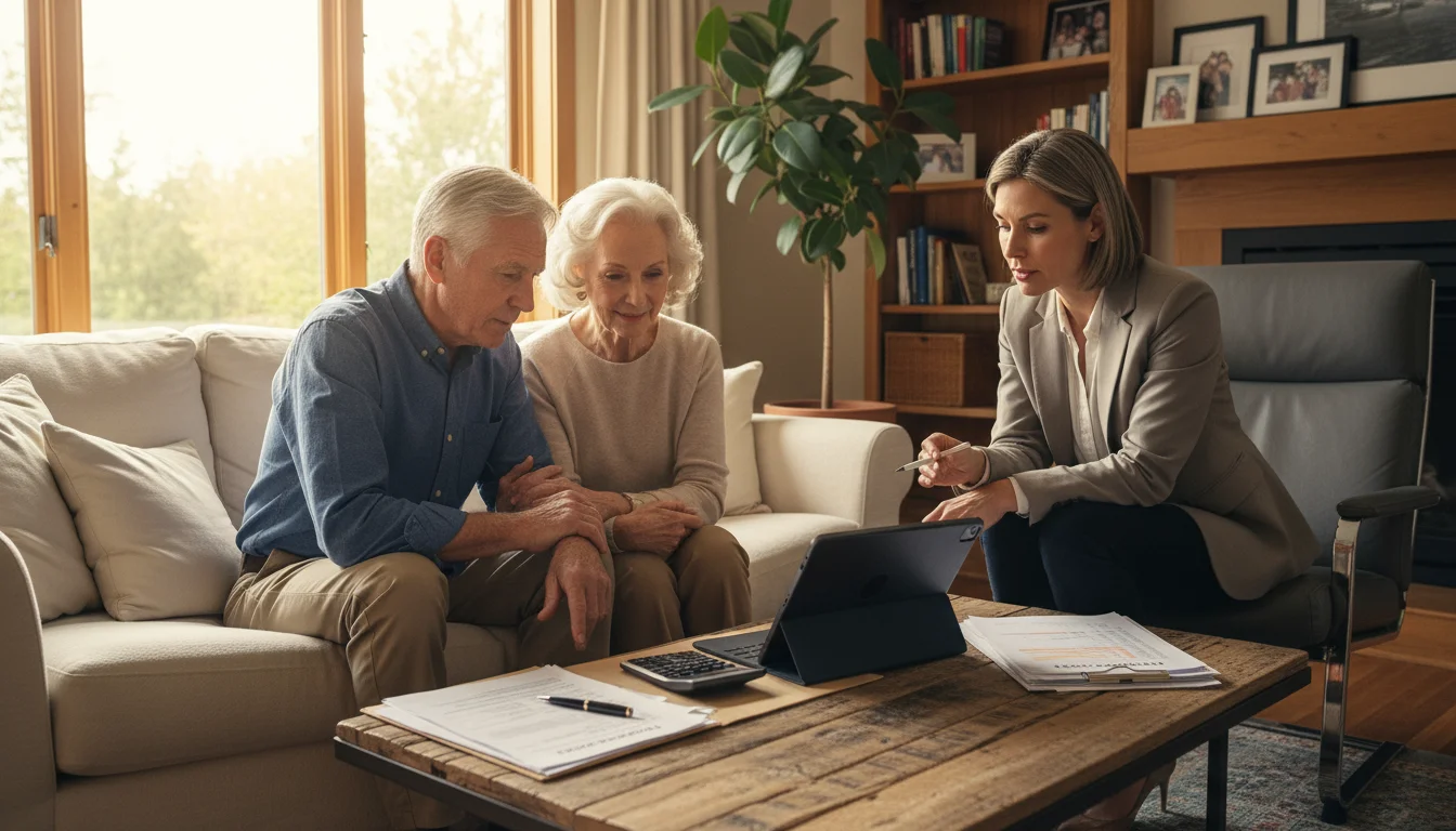 An adult daughter explains tax details on a tablet to her senior parents, seated in a sunlit living room with documents.