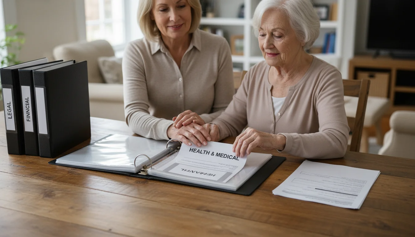 An adult daughter gently guides her elderly mother's hand as they organize legal documents into a binder on a dining table.