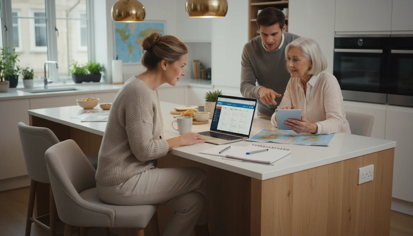 An adult daughter leads vacation planning on a laptop with her elderly mother watching, both seated at a kitchen island.