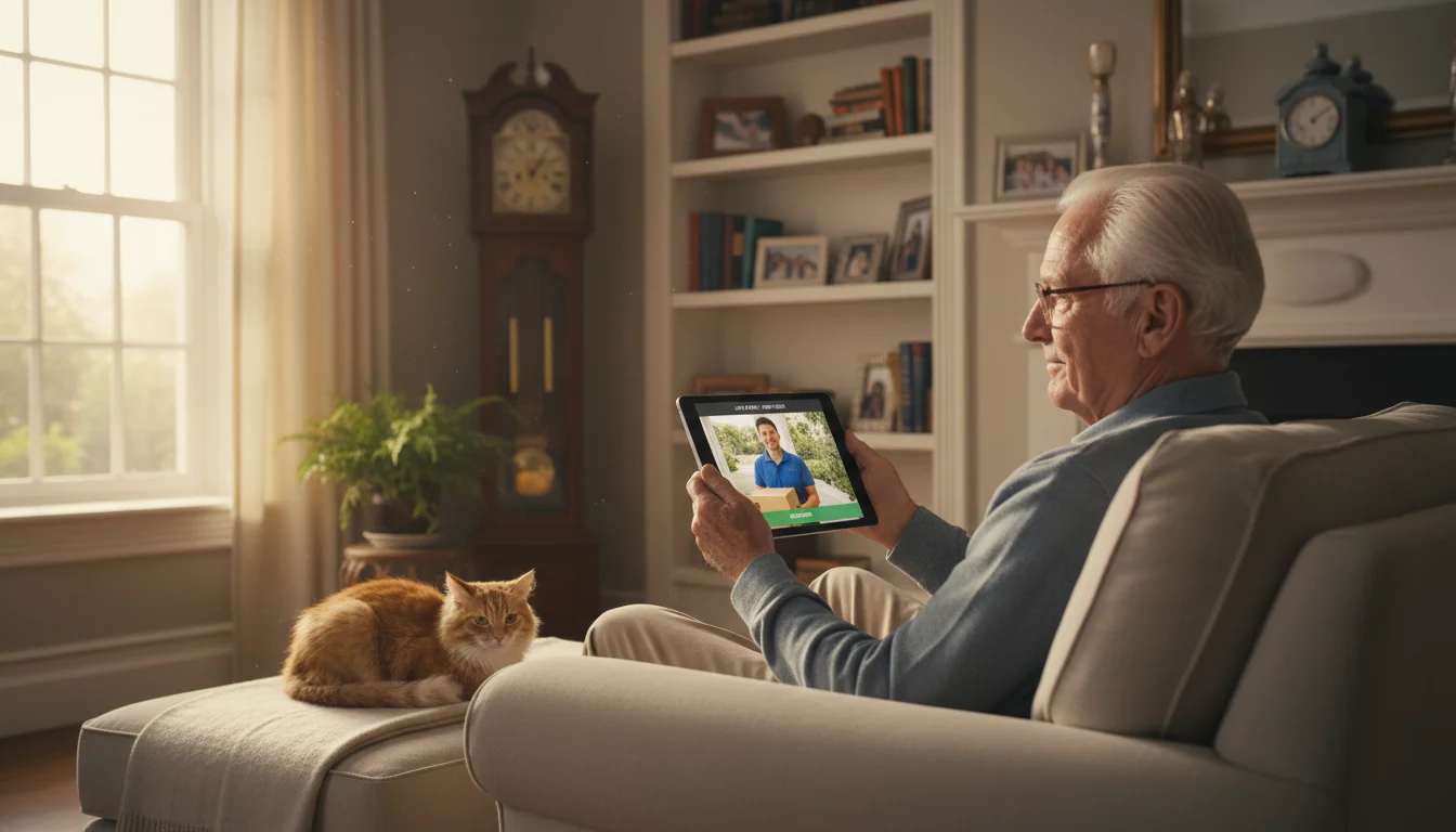 An alert senior man in a sunlit living room sits in an armchair, viewing a tablet showing a video doorbell feed of a delivery person.