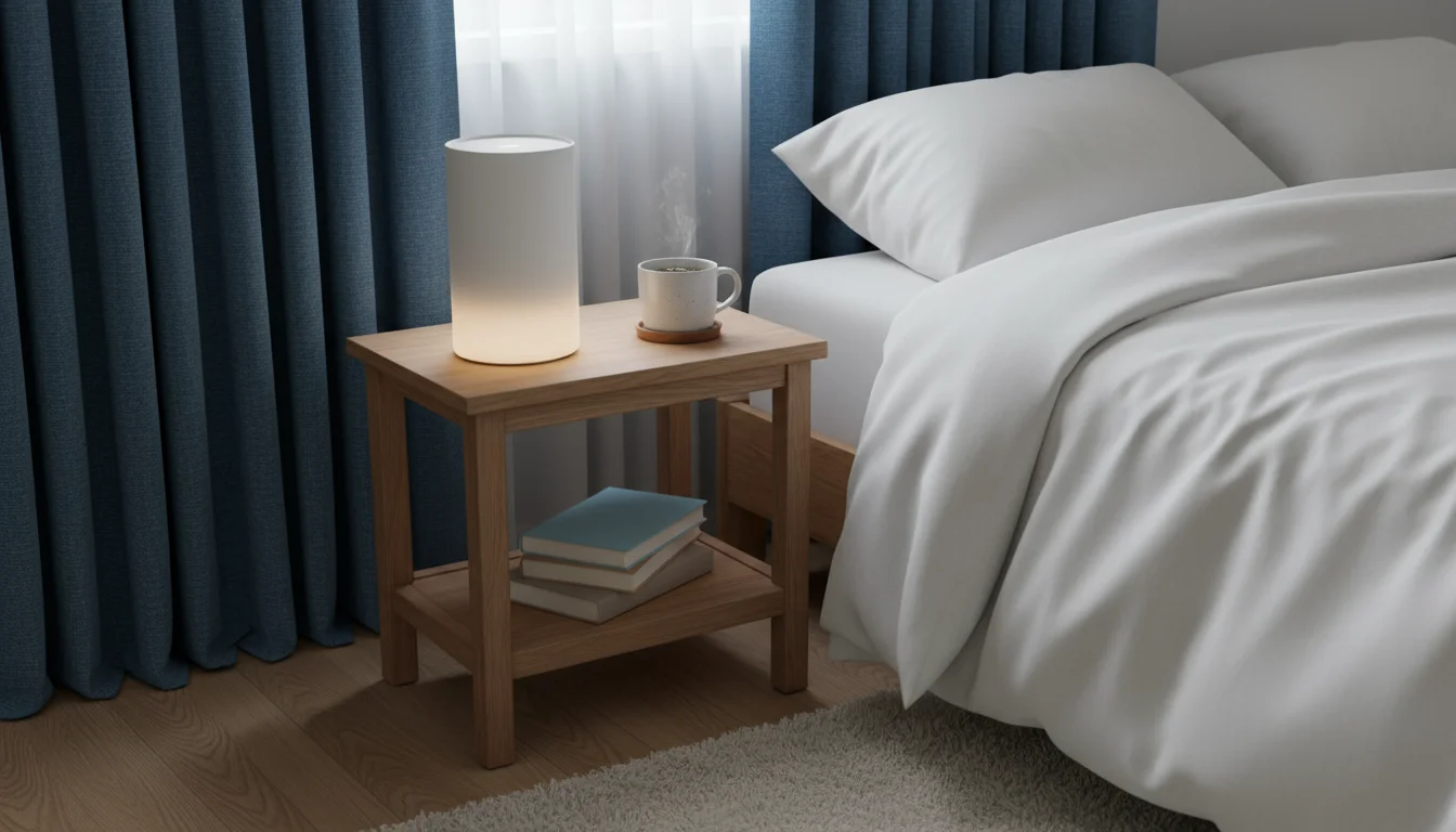 Bedroom corner with heavy curtains drawn, a glowing white noise machine on a simple bedside table, and a neatly made bed.