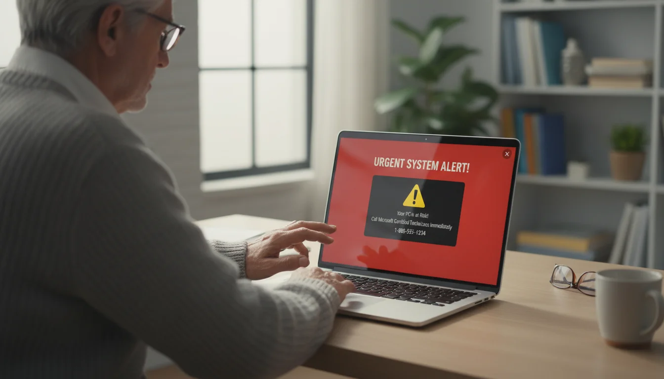 From behind, an older person's hand hovers over a laptop trackpad, looking at a screen with a 