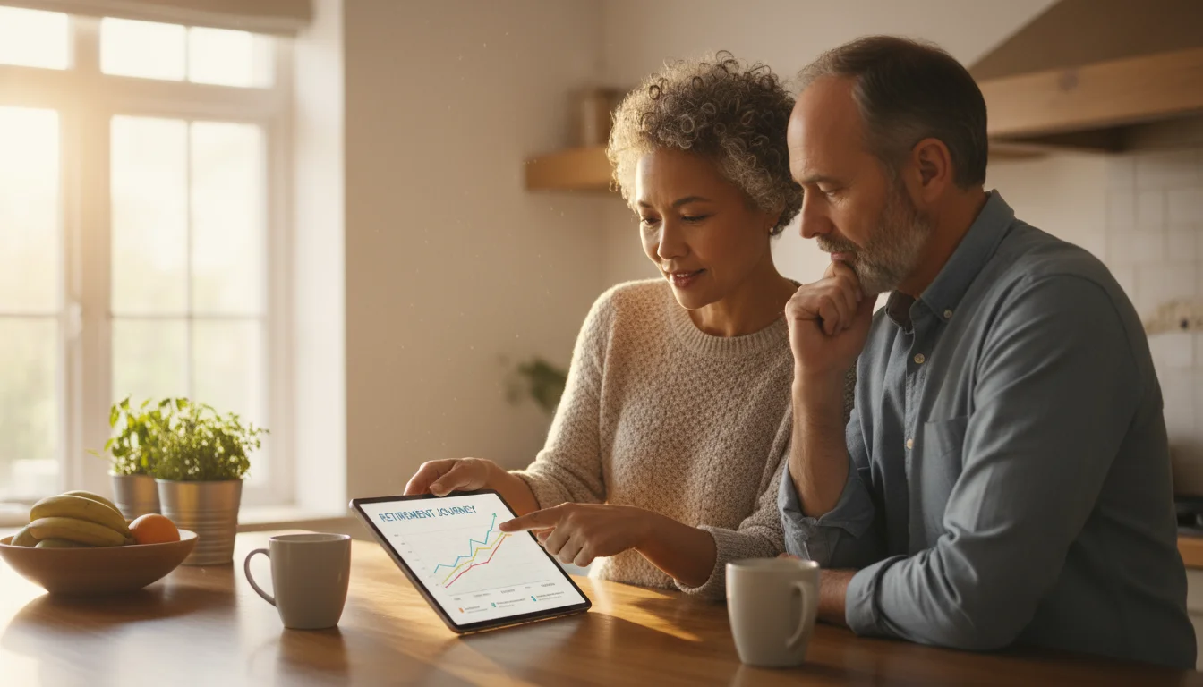 A biracial couple in their late 50s stands at a kitchen island, discussing financial plans on a tablet in sunlight.