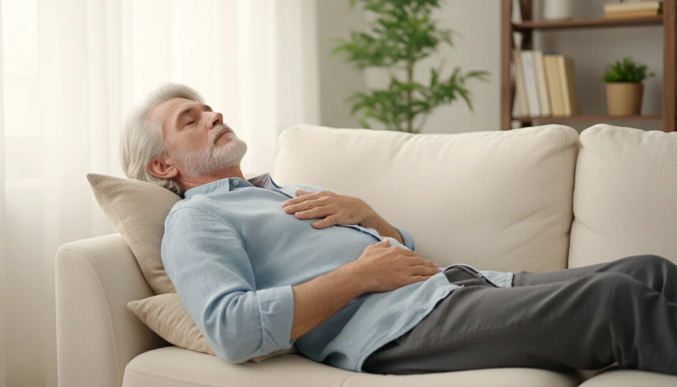 A calm older man lies on his back on a sofa, one hand on his chest and the other on his belly, eyes gently closed, practicing deep breathing.