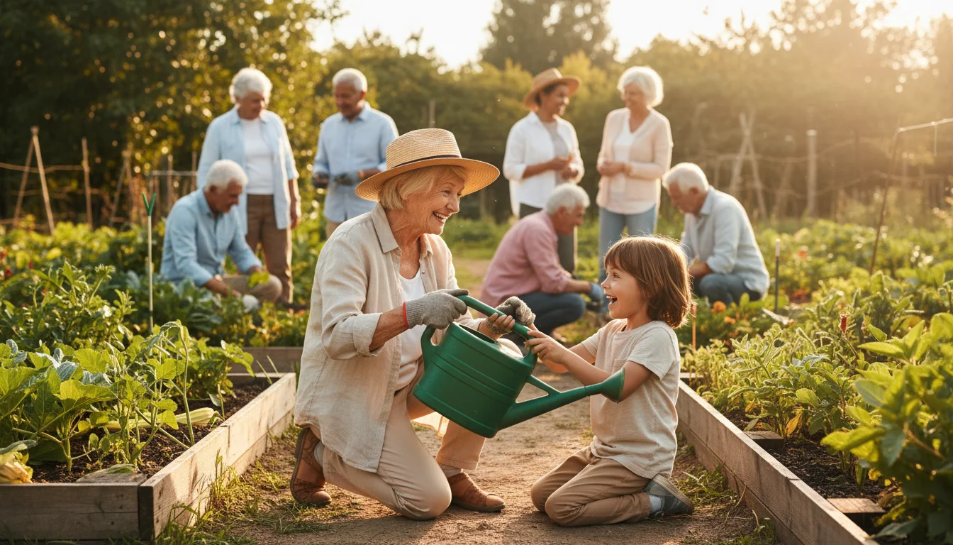 A candid photo in a community garden. An older woman kneels, smiling as she hands a watering can to a young child. Other seniors garden nearby.