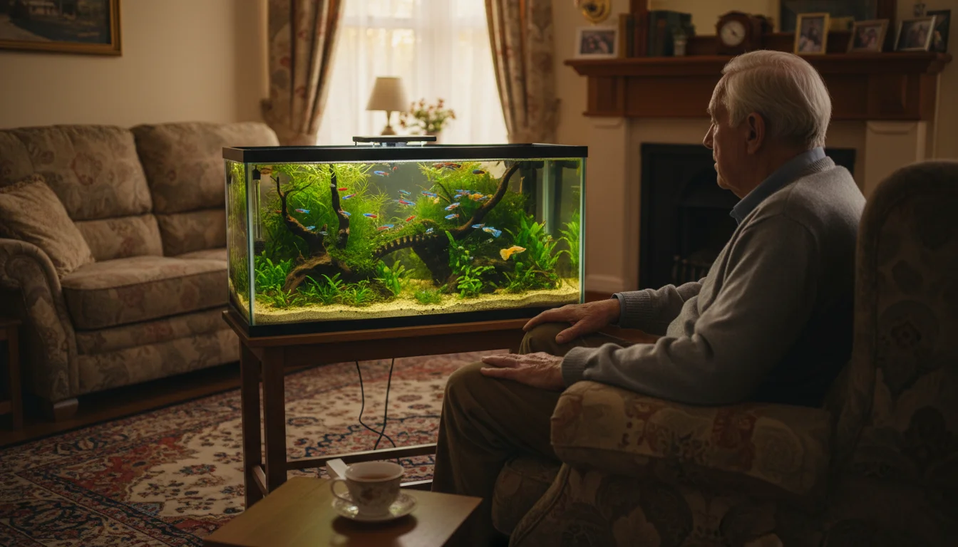 Candid shot of an older man sitting peacefully, watching colorful fish swim in a well-lit home aquarium.