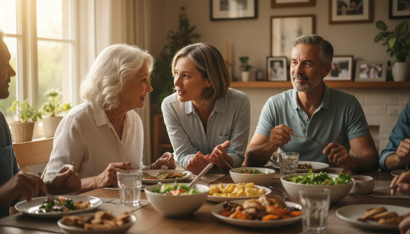Candid photo of an older woman listening intently to her daughter speaking clearly across a dining table, with a son smiling nearby.